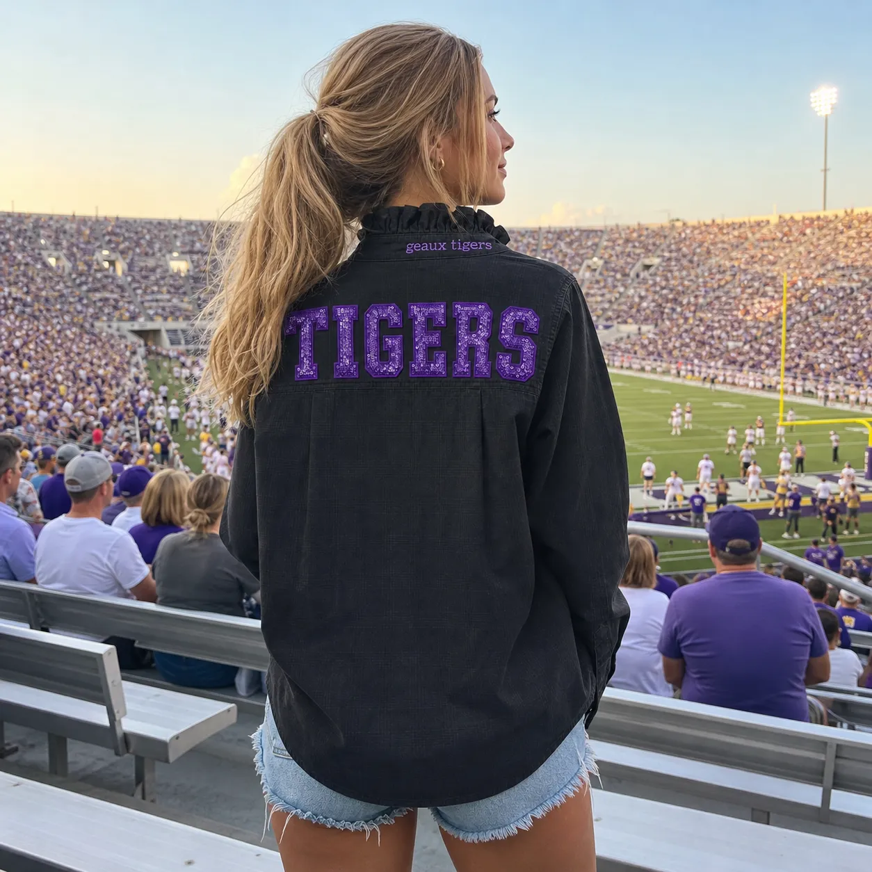 Custom Sequin Back Ruffle Collar Team Shirt with Personalized Text