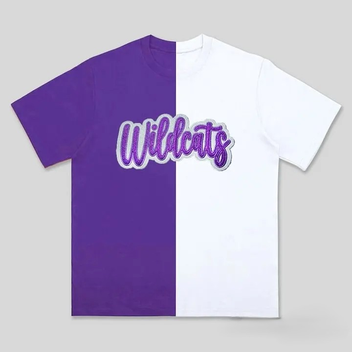 Custom Split Color Mascot Shirt Two Tone Glitter Applique Team Spirit T-Shirt