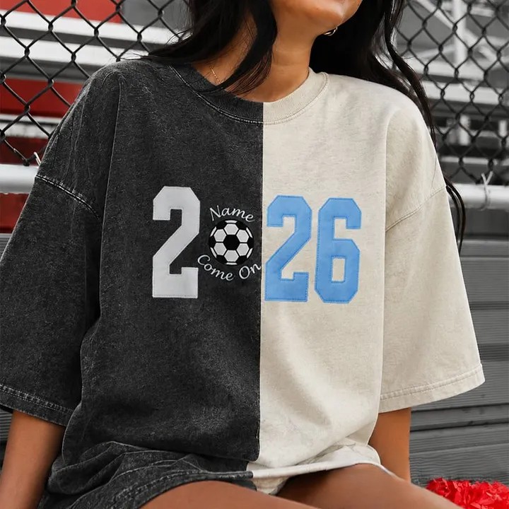 Custom Fabric Applique 2026 Soccer Embroidered Two Tone Vintage Washed T-Shirt for Cheer & Game Day ⚽✨