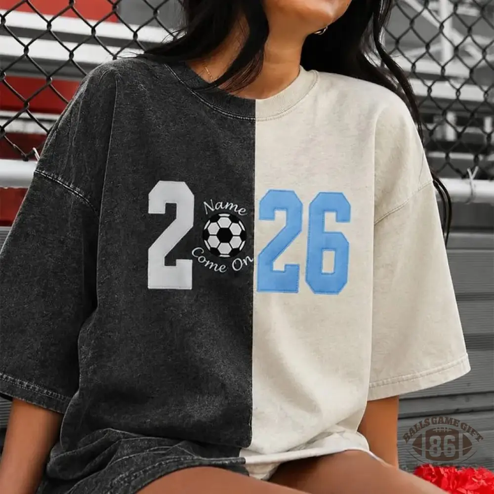 Custom Fabric Applique 2026 Soccer Embroidered Two Tone Vintage Washed T-Shirt for Cheer & Game Day ⚽✨