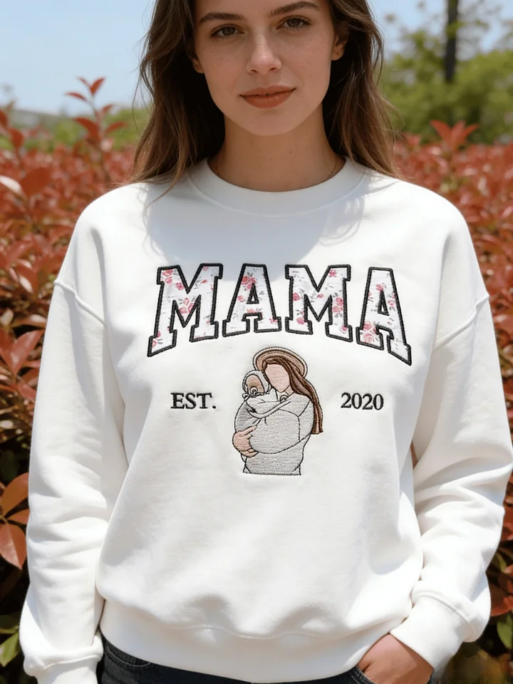 Mama Sweatshirt Floral Embroidered Portrait Custom Sleeve Name Mothers Day Gift for Mom