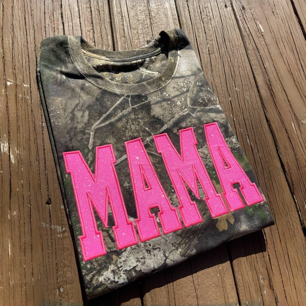 Pamaviva Personalized Camo Glitter Text Mama Shirt Custom Name Hunting Gift for Mom Mothers Day Apparel