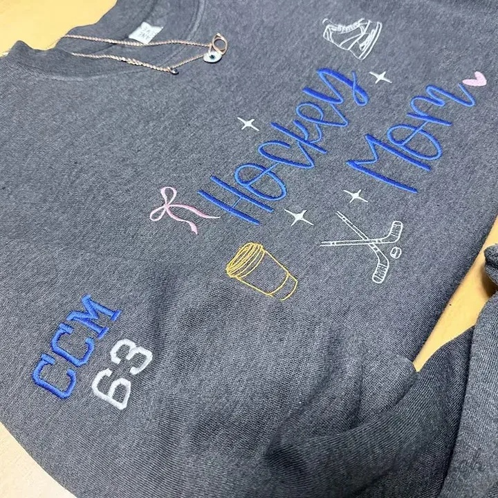 Custom Embroidered Hockey Mom Sweatshirt/Hoodie/T-Shirt Custom Number & Team Color