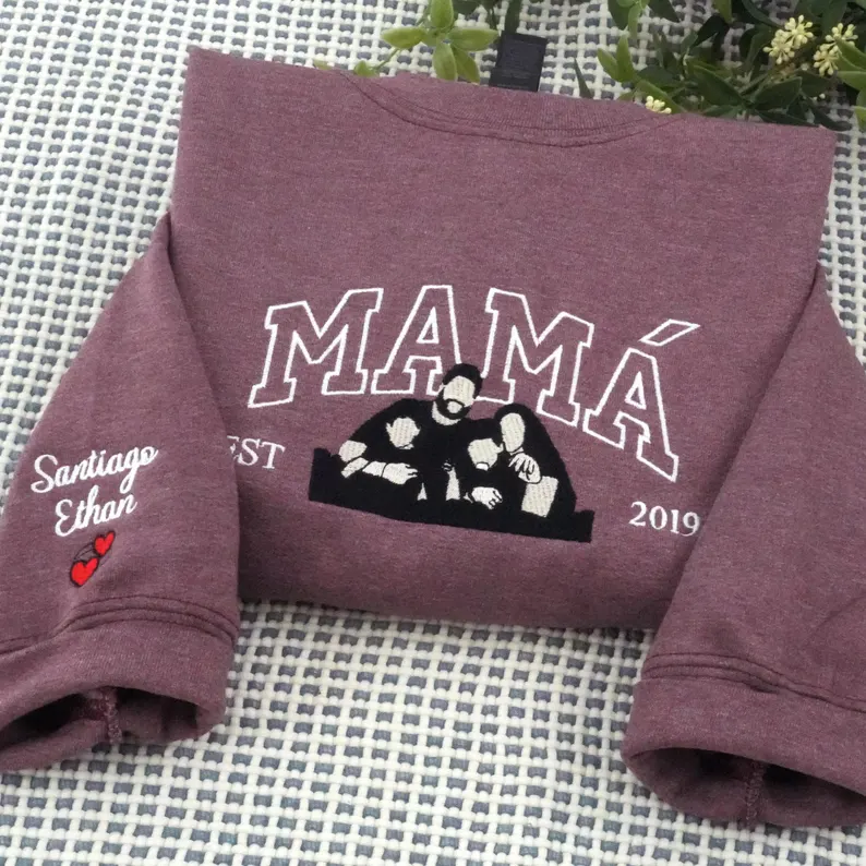 Custom Mama Sweatshirt, Embroidered Kids Portrait Crewneck, Unique Mother's Day Gift Keepsake Gift