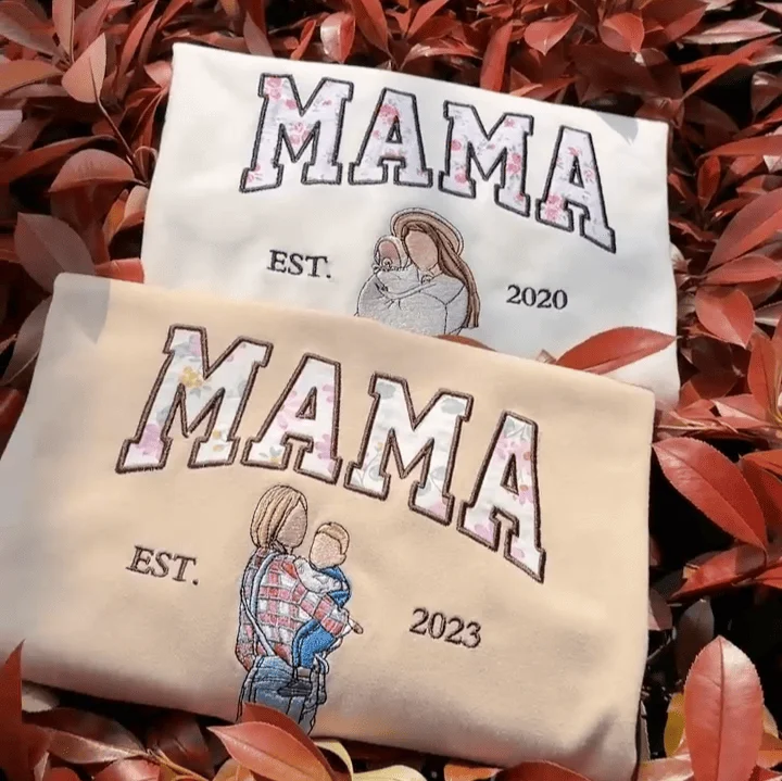 Mama Sweatshirt Floral Embroidered Portrait Custom Sleeve Name Mothers Day Gift for Mom