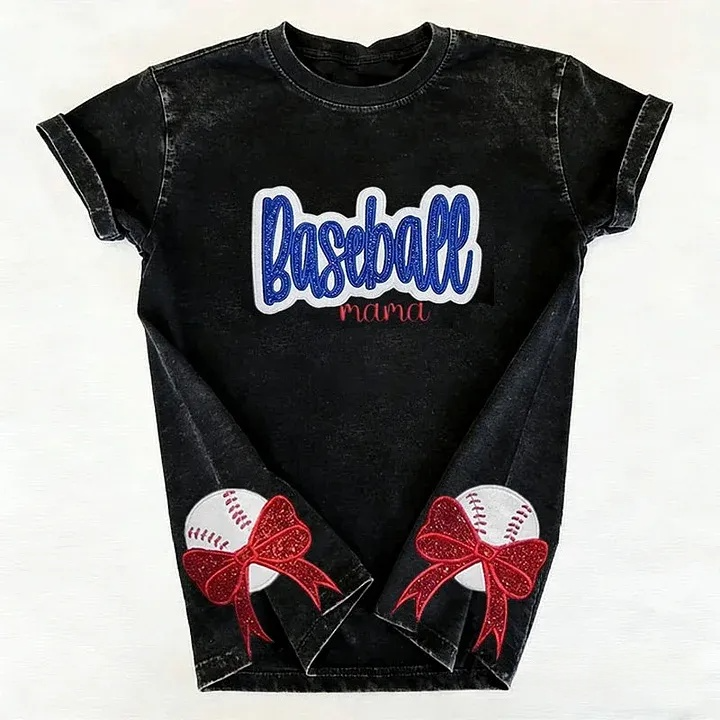 Personalized Custom Glitter Embroidered Baseball Mom Washed T-Shirt with Side Bow