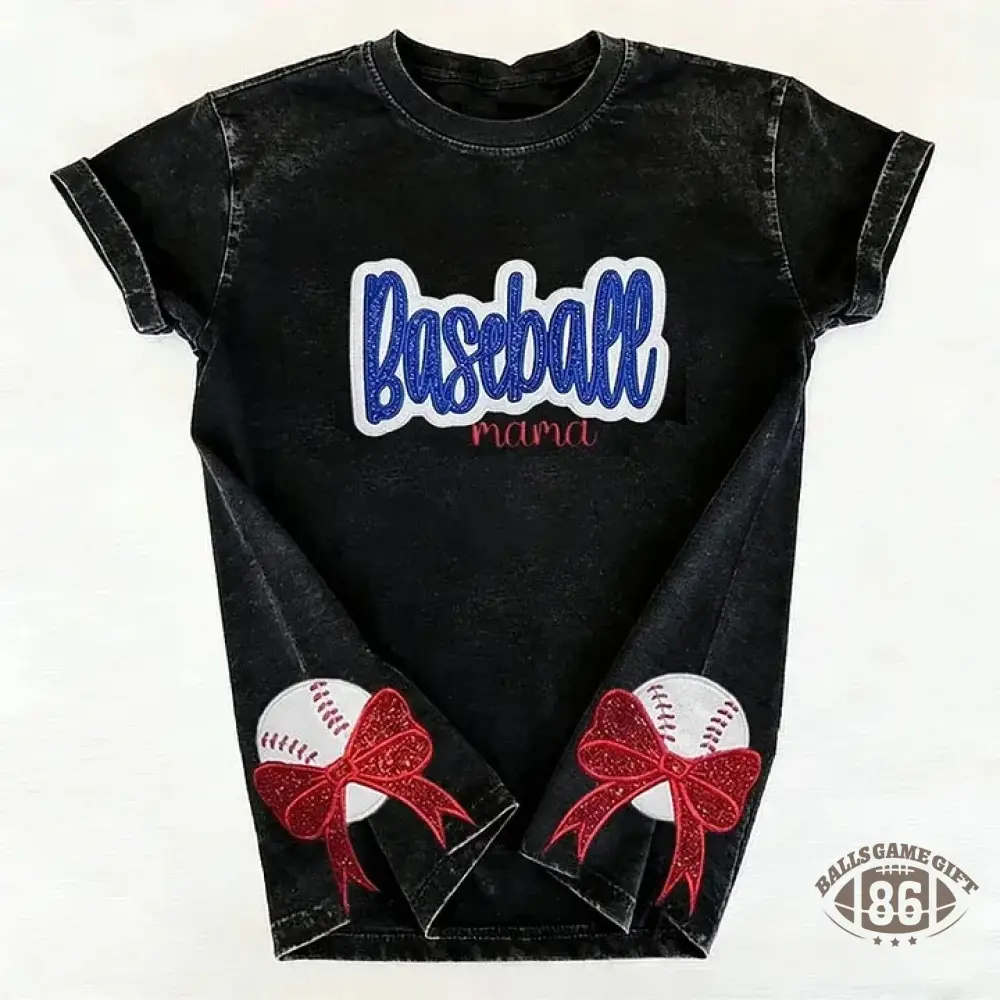Personalized Custom Glitter Embroidered Baseball Mom Washed T-Shirt with Side Bow