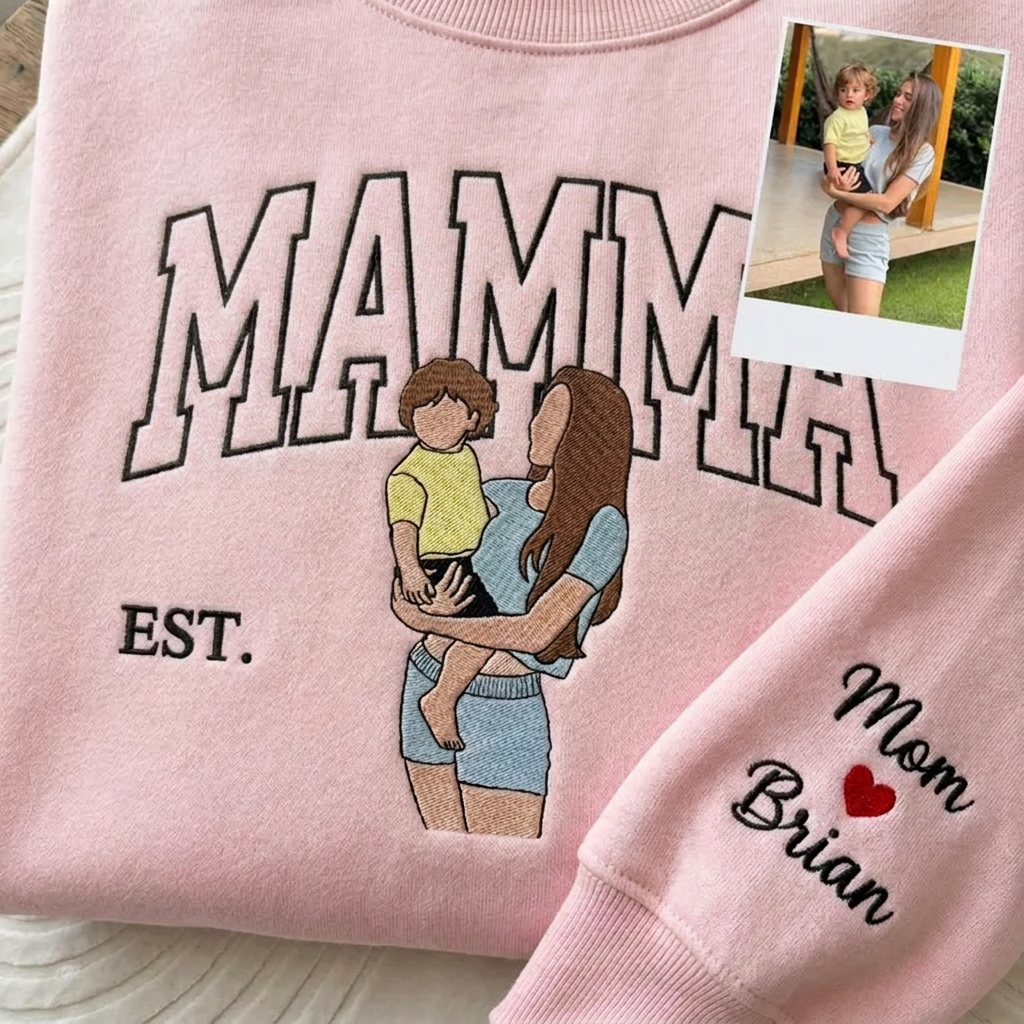Custom Mama Sweatshirt, Embroidered Kids Portrait Crewneck, Unique Mother's Day Gift Keepsake Gift