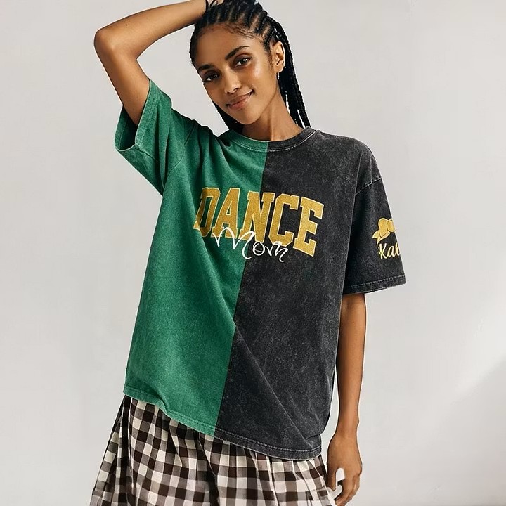  Custom Glitter Dance Embroidered Mom Two Tone Washed T-Shirt with Glitter Bow on Sleeve