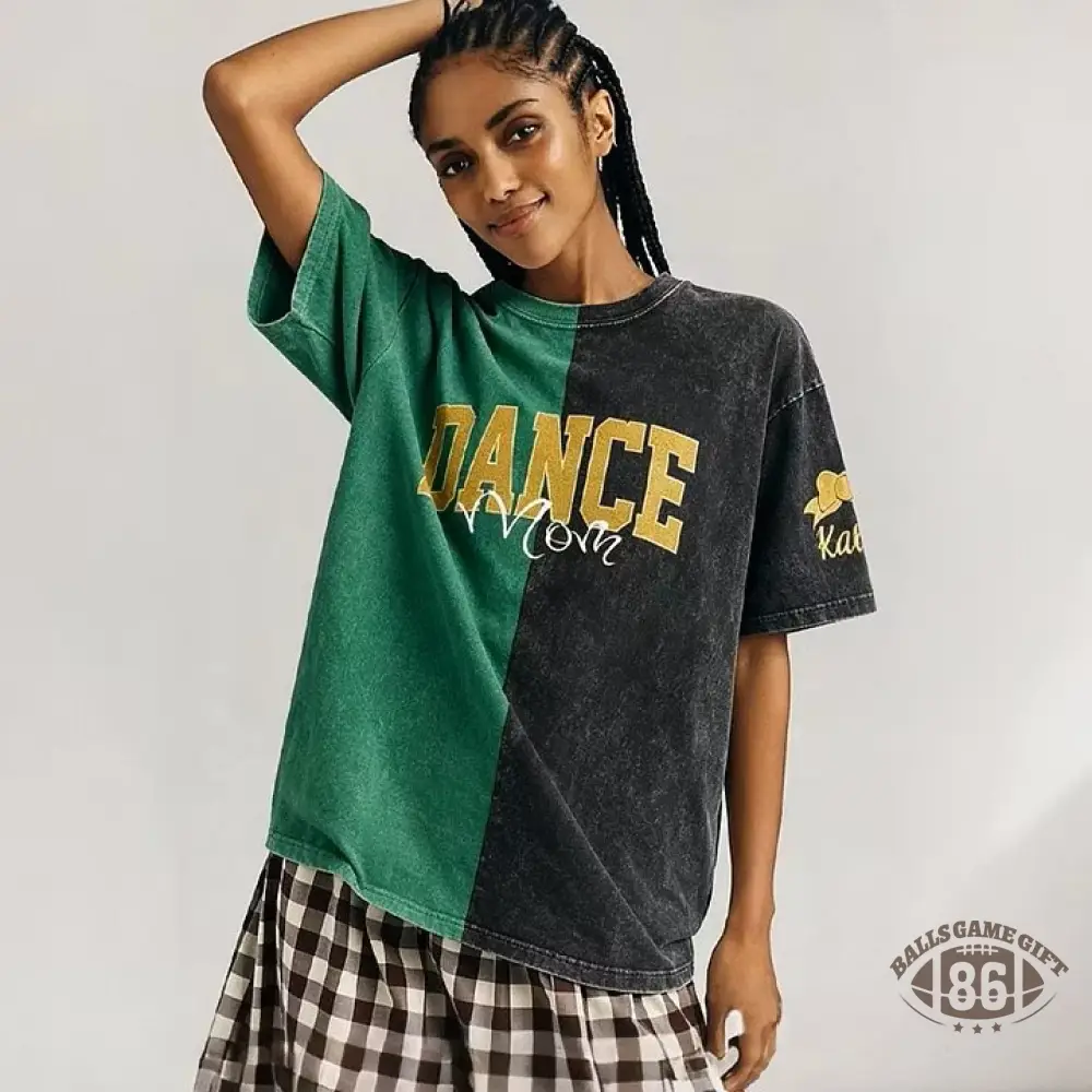  Custom Glitter Dance Embroidered Mom Two Tone Washed T-Shirt with Glitter Bow on Sleeve