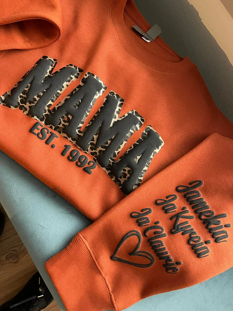 Mama Leopard Puff Print Personalized Sweatshirt or Hoodie with Kids Name Sleeve Gift for Mom