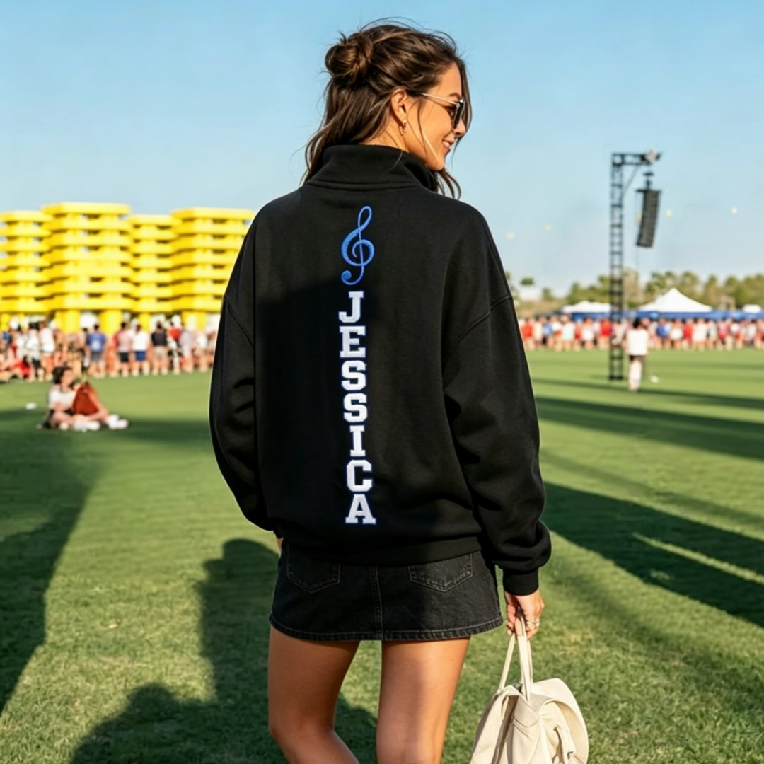 Custom Cheer Mom Game Day Sweatshirt with Custom Name Bow & Sleeve Treble Clef Embroidery