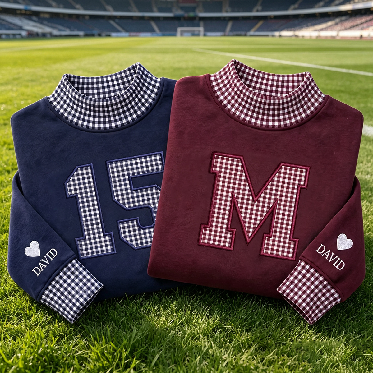 Custom Embroidered Gingham Mock Neck Sweatshirt Varsity Letter Pullover