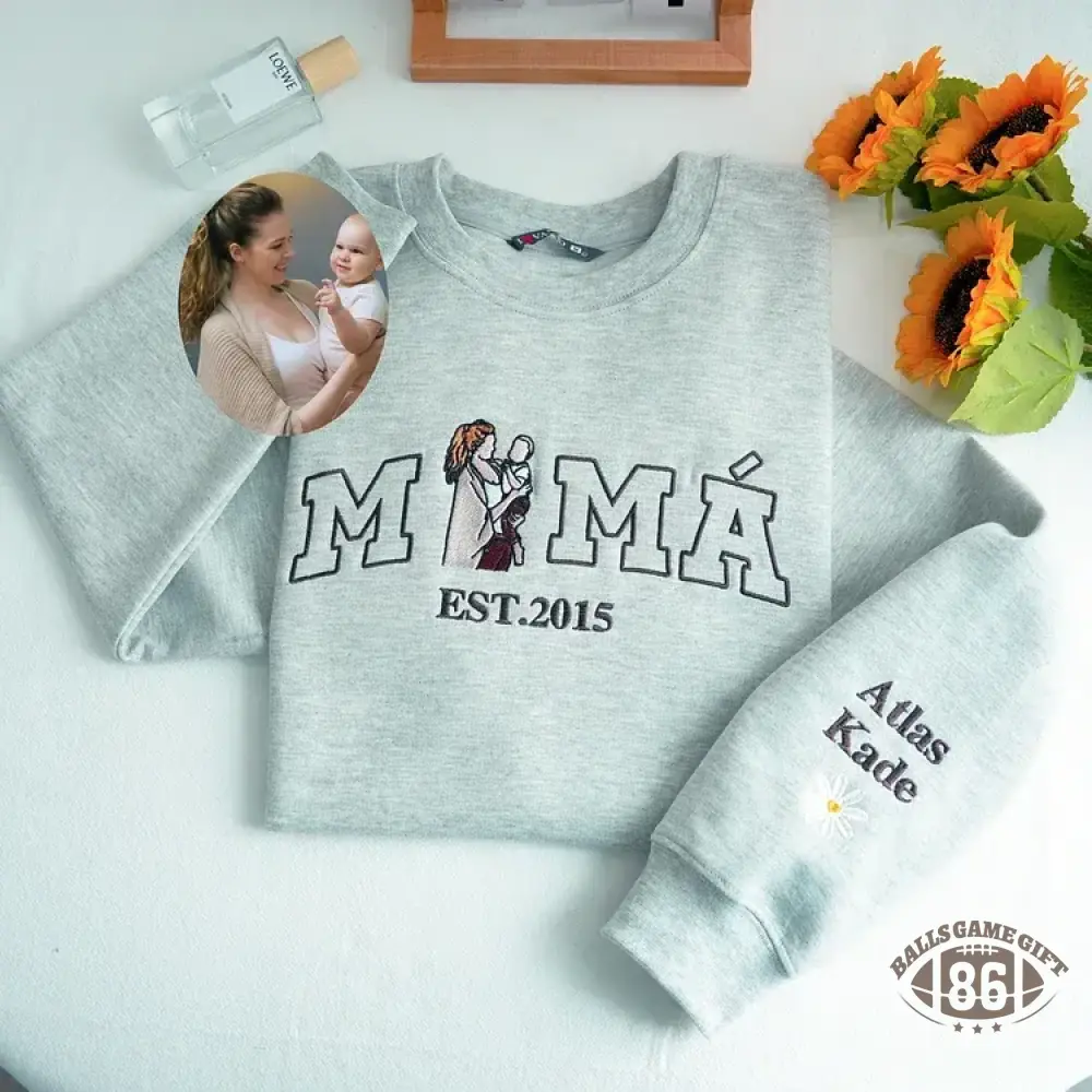 Custom Embroidered Mama Sweatshirt - Personalized Mom & Kids Portrait Photo Crewneck, Mothers Day Gift for Mom