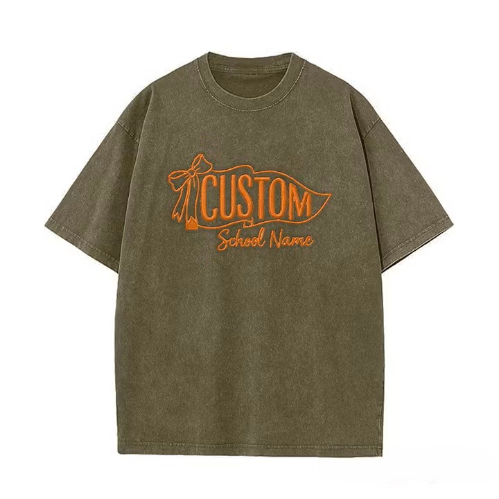 Custom Vintage Embroidered School Spirit Washed T-Shirt with Embroidered Icon on Sleeves
