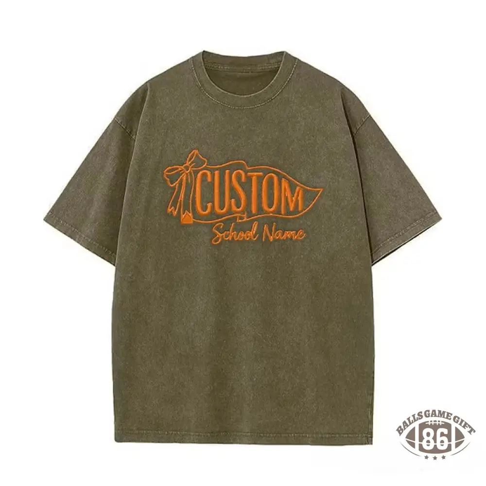 Custom Vintage Embroidered School Spirit Washed T-Shirt with Embroidered Icon on Sleeves