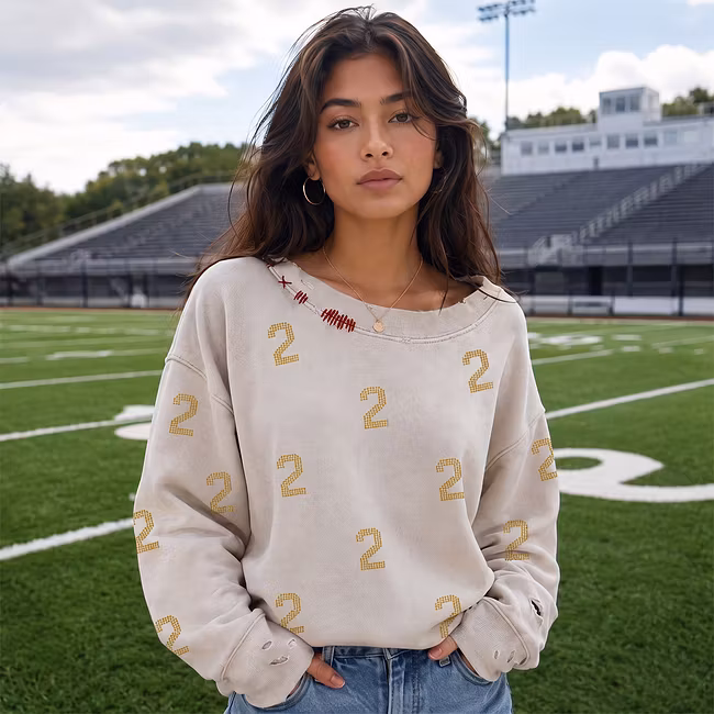 Vintage Distressed Game Day Sweatshirt with Rhinestone Number
