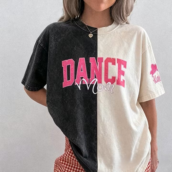  Custom Glitter Dance Embroidered Mom Two Tone Washed T-Shirt with Glitter Bow on Sleeve