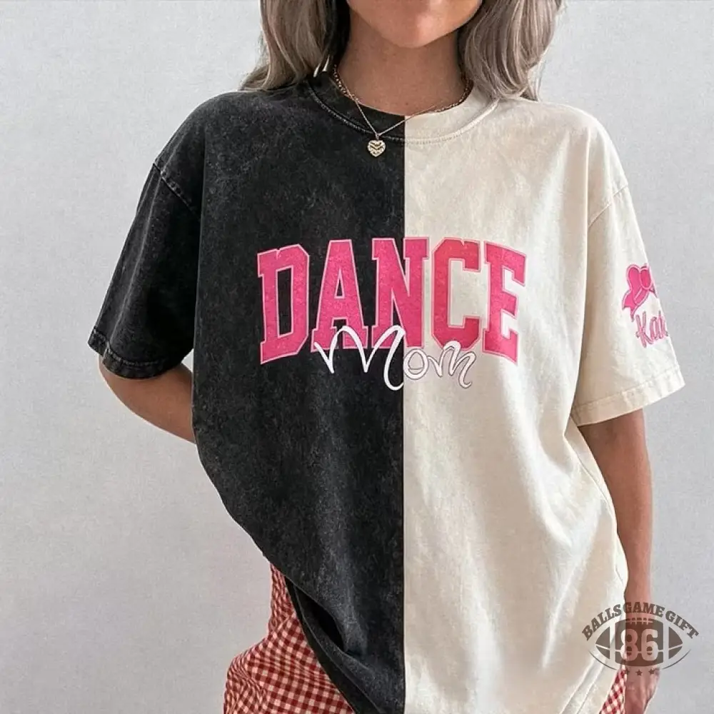  Custom Glitter Dance Embroidered Mom Two Tone Washed T-Shirt with Glitter Bow on Sleeve