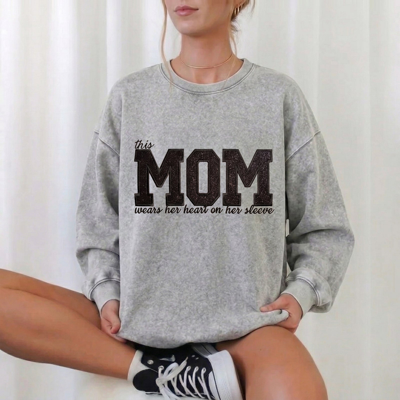 Custom Mama Glitter Embroidered Washed Sweatshirt with Kids' Names  Mother's Day Gift