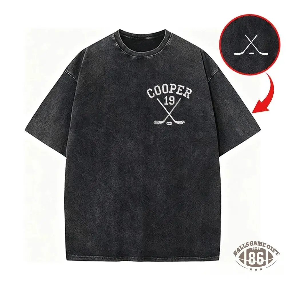 Personalized Custom Embroidered Hockey Washed T-Shirt with Side Crossed Hockey Sticks