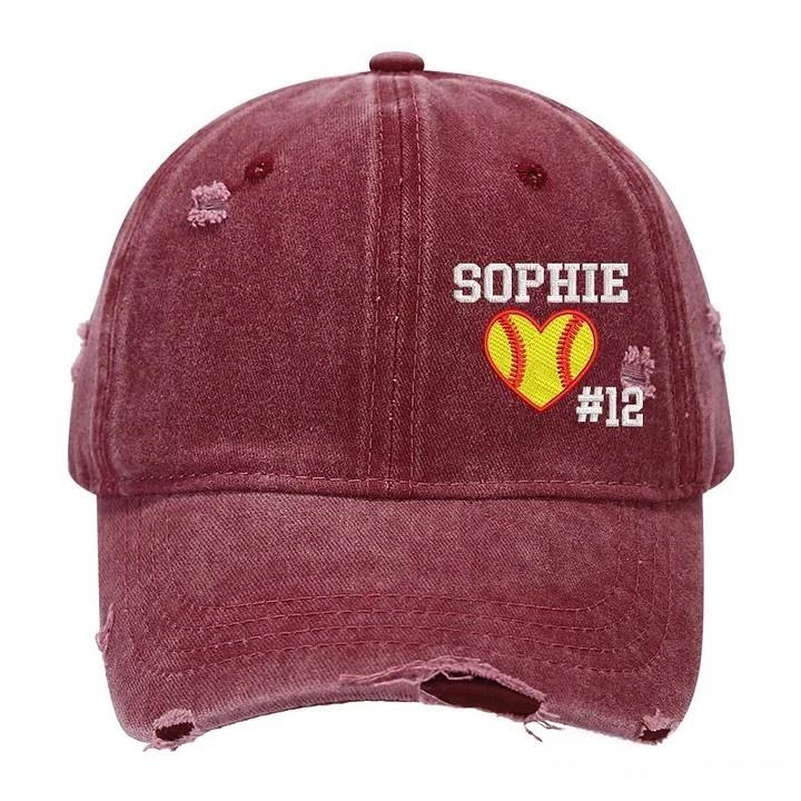 Softball Heart with Name & Number Distressed Baseball Cap Softball Mom Gift