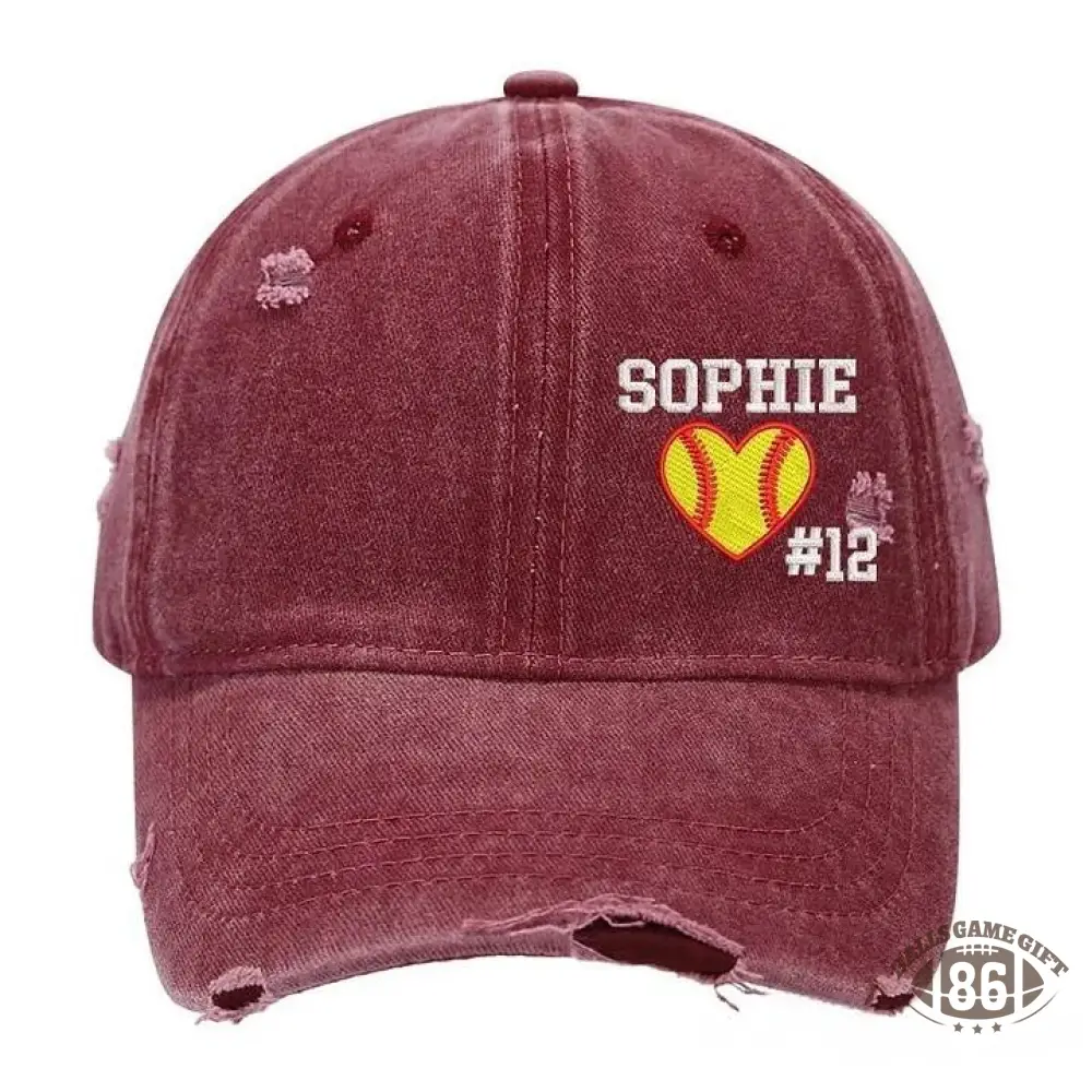 Softball Heart with Name & Number Distressed Baseball Cap Softball Mom Gift