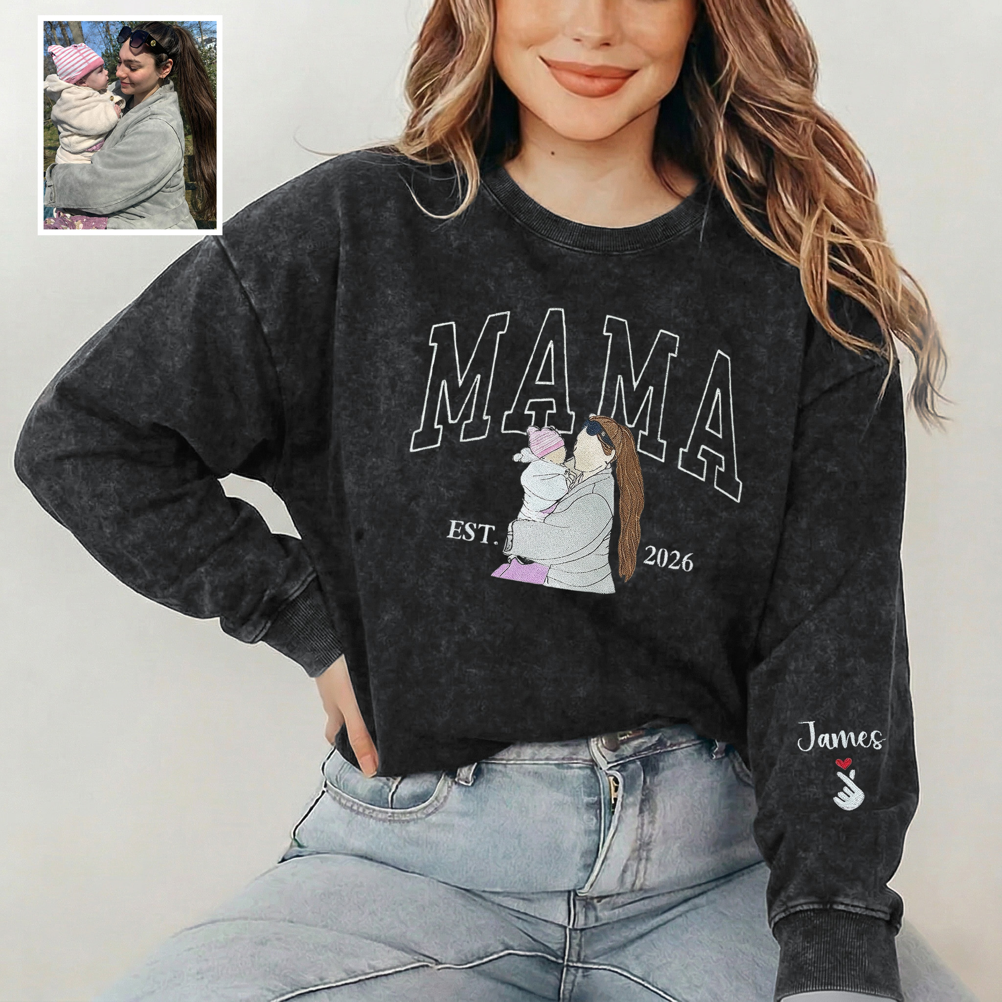 Custom Mama Sweatshirt, Embroidered Kids Portrait Crewneck, Unique Mother's Day Gift Keepsake Gift