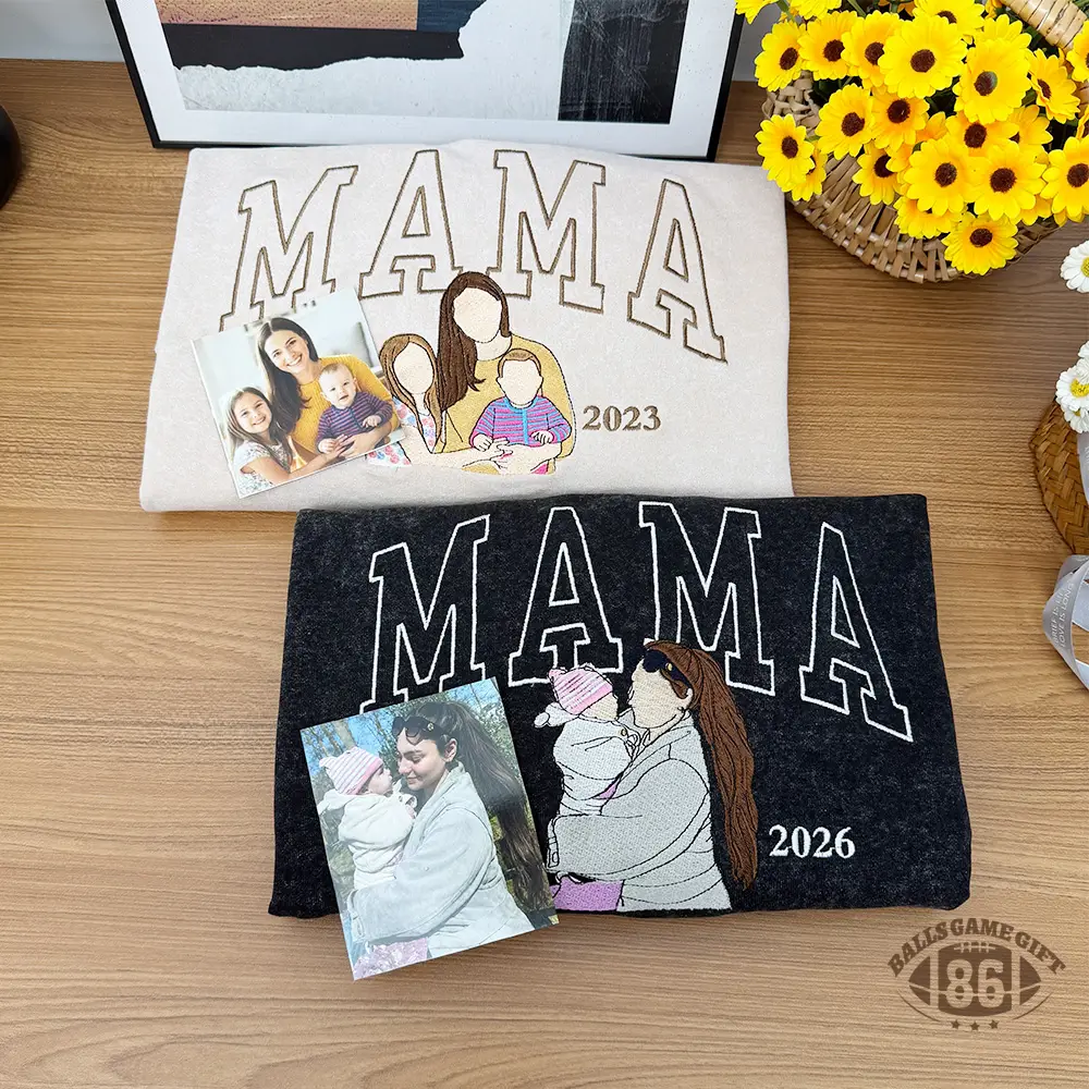 Custom Mama Sweatshirt, Embroidered Kids Portrait Crewneck, Unique Mother's Day Gift Keepsake Gift