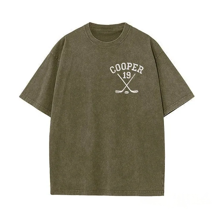 Personalized Custom Embroidered Hockey Washed T-Shirt with Side Crossed Hockey Sticks