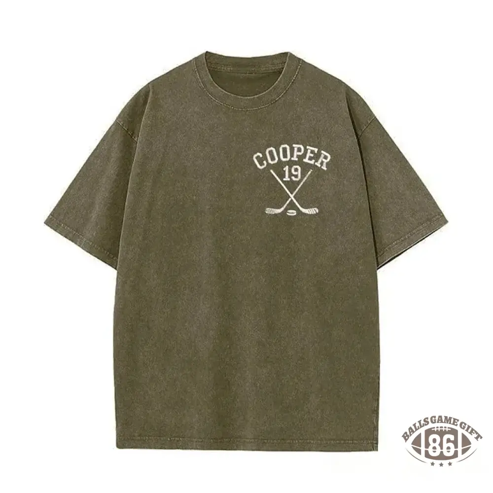 Personalized Custom Embroidered Hockey Washed T-Shirt with Side Crossed Hockey Sticks