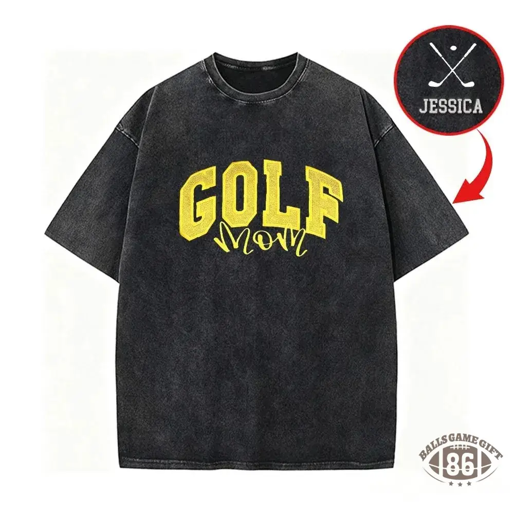 Personalized Custom Glitter Embroidered Golf Mom Washed T-Shirt