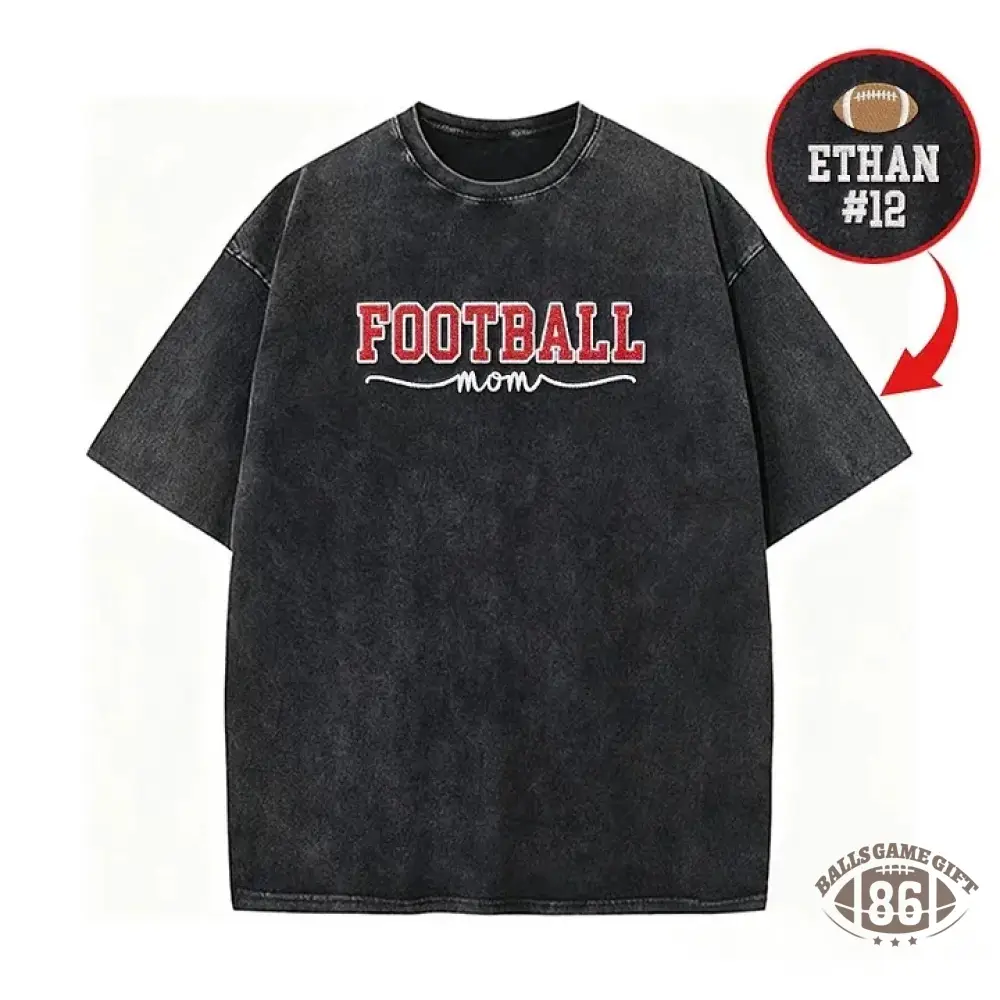 Glitter Embroidered Football Mom Proud Sport Mom Washed T-Shirt