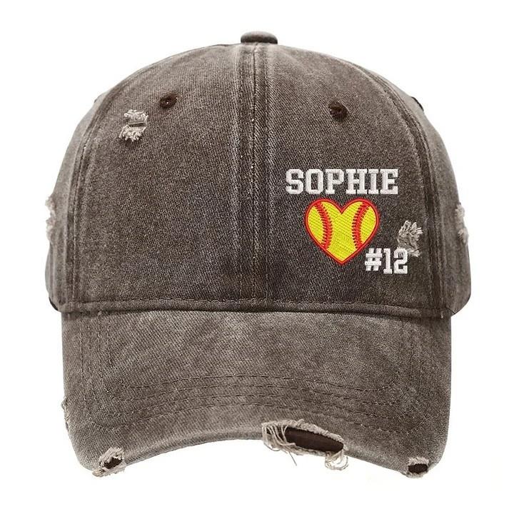 Softball Heart with Name & Number Distressed Baseball Cap Softball Mom Gift