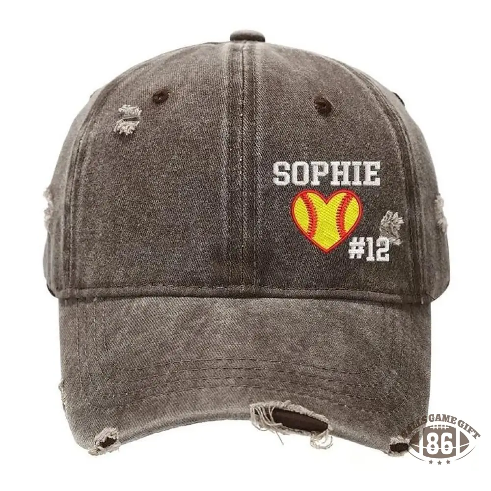 Softball Heart with Name & Number Distressed Baseball Cap Softball Mom Gift