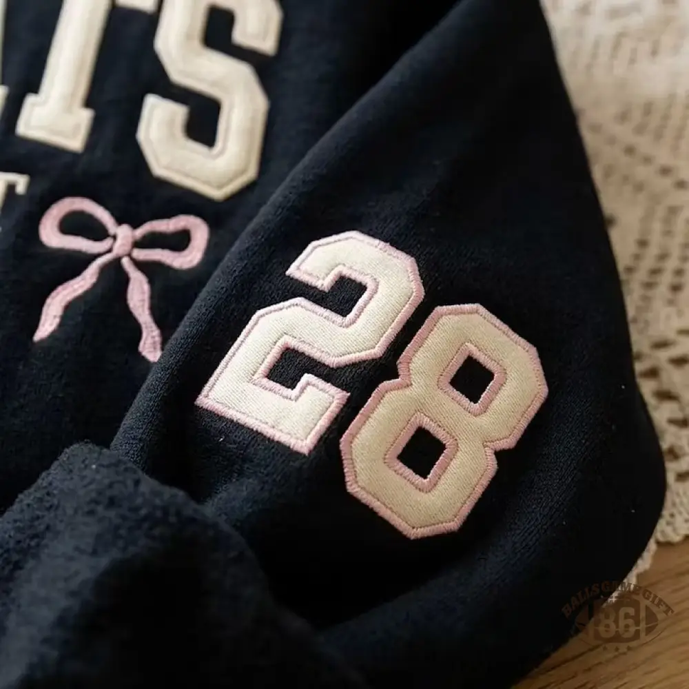 Customizable Team Name Sweatshirt, Varsity Style Embroidered Crewneck with Custom Text, Sleeve Number & Bow