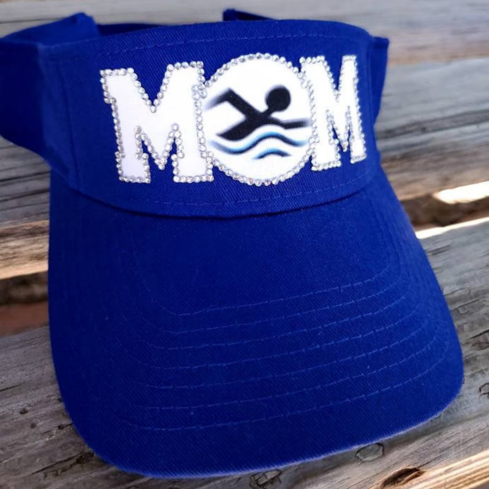 Custom Rhinestone Swim Mom Adjustable Sun Visor, Swimming Game Day Sports Mom Outdoor Sun Hat🏊