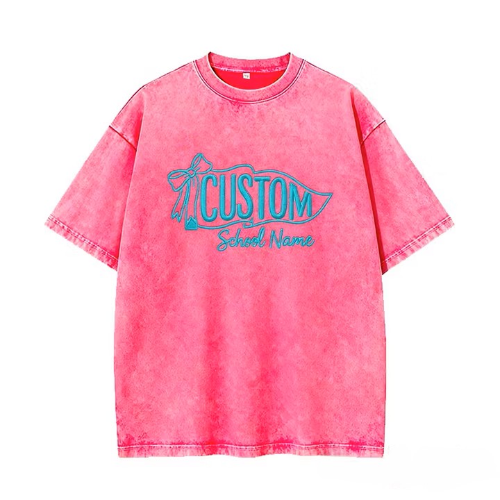Custom Vintage Embroidered School Spirit Washed T-Shirt with Embroidered Icon on Sleeves