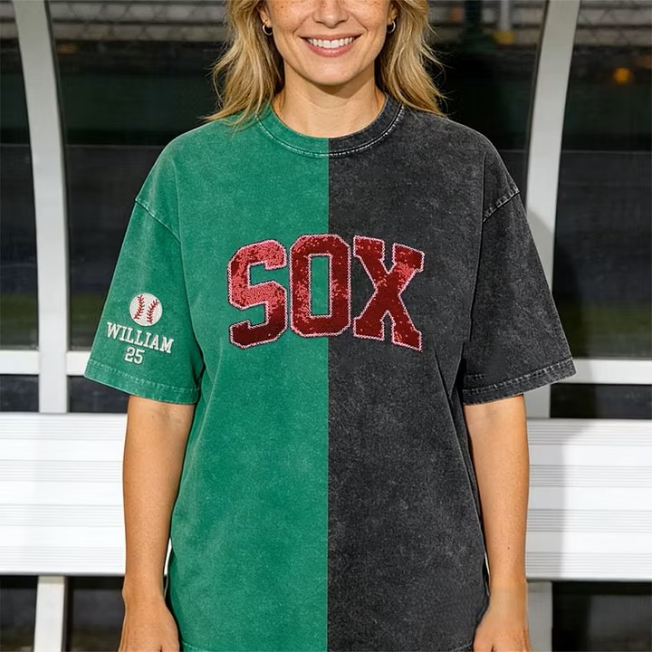 Personalized Sequin Applique Mascot Team Name Game Day Two Tone Washed T-shirt Gifts for Sports Mom