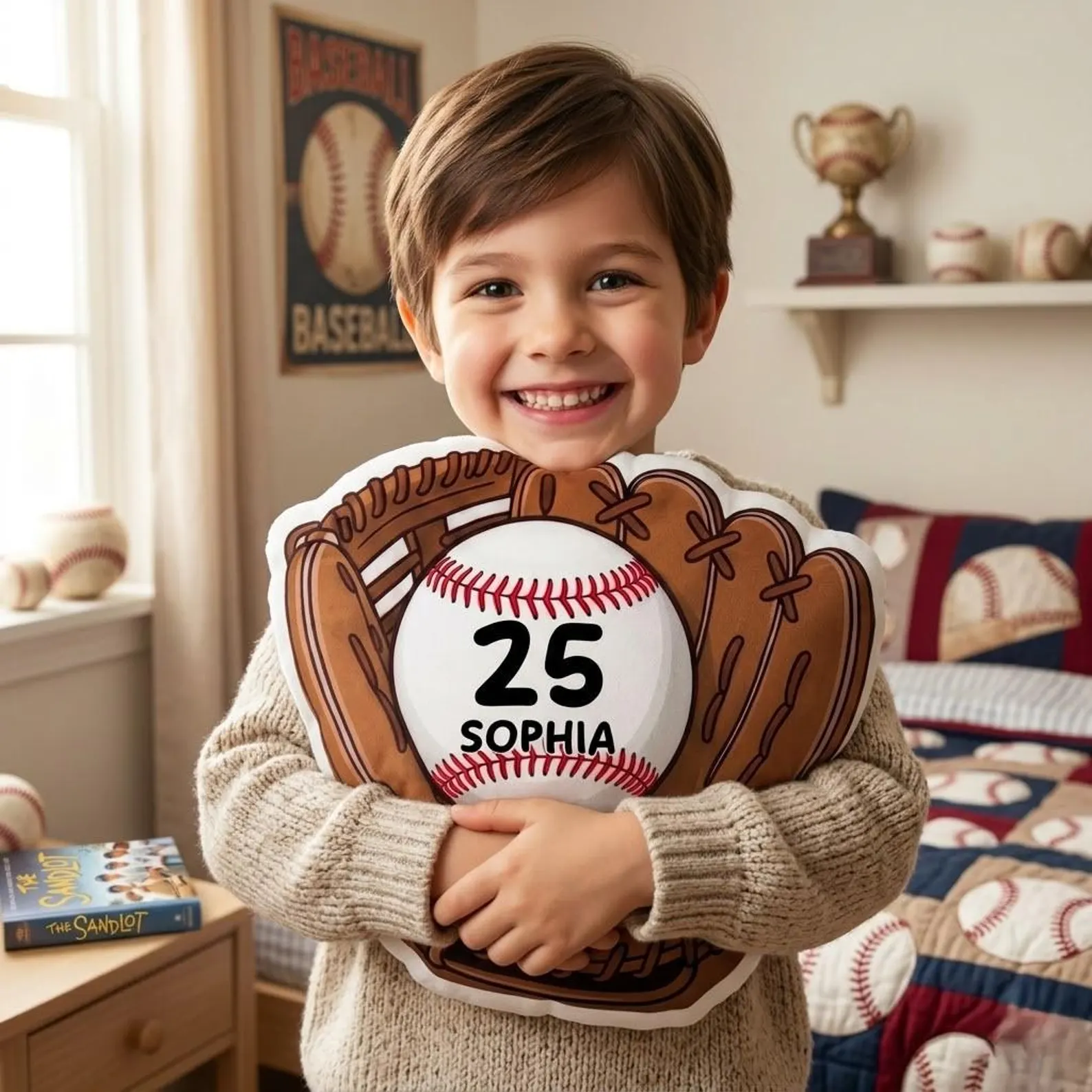 Personalized Baseball Glove Pillow Custom Name Number Softball Gift Kids Sports Cushion Athlete Room Decor