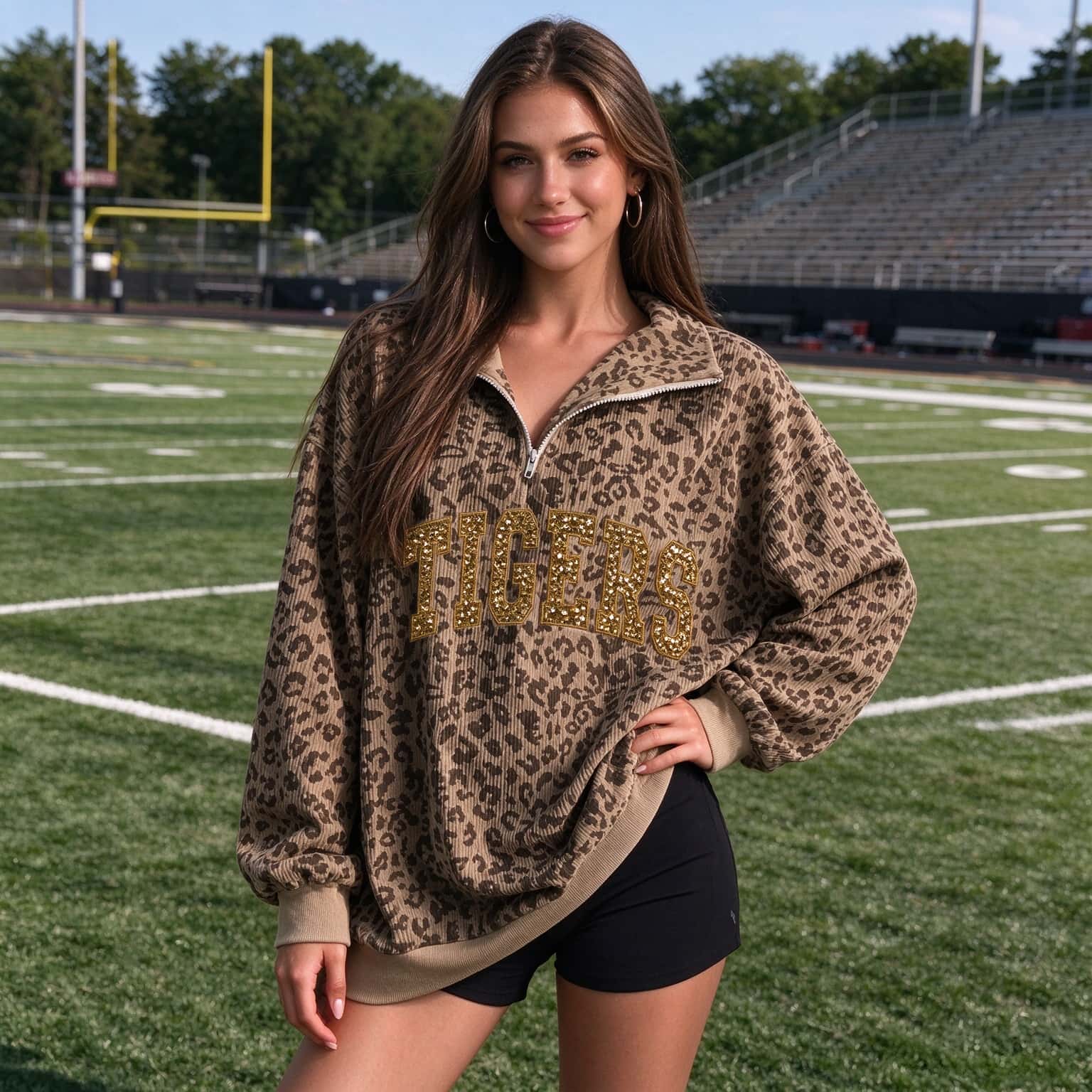 Custom Vintage Leopard Half Zip Sequin Team Women Oversized Sweatshirt 