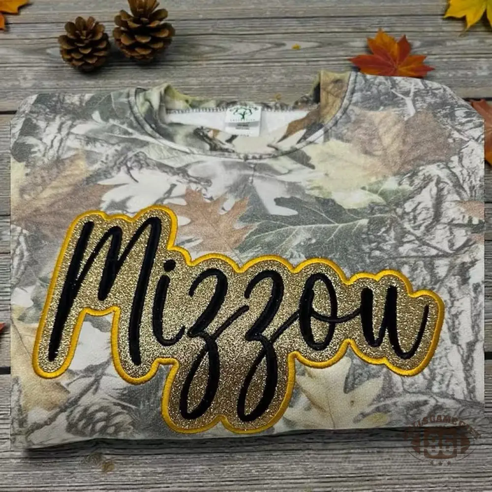 Custom Camo Spirit Sweatshirt with Glitter Appliqué Embroidery – Personalized Game Day Hoodie & Tee