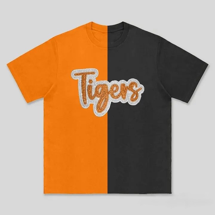 Custom Split Color Mascot Shirt Two Tone Glitter Applique Team Spirit T-Shirt