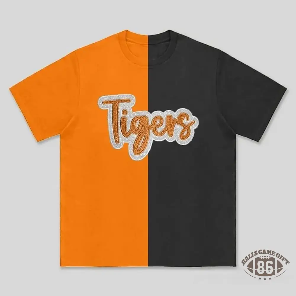 Custom Split Color Mascot Shirt Two Tone Glitter Applique Team Spirit T-Shirt