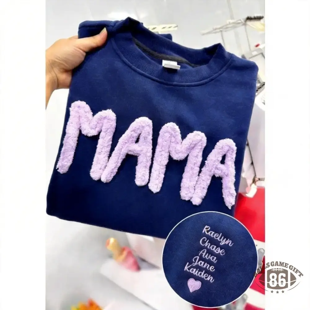 Custom Chenille Yarn Embroidered Mama Sweatshirt with Kids Names on Sleeve Mother’s Day Gift