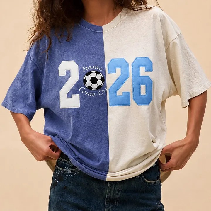 Custom Fabric Applique 2026 Soccer Embroidered Two Tone Vintage Washed T-Shirt for Cheer & Game Day ⚽✨