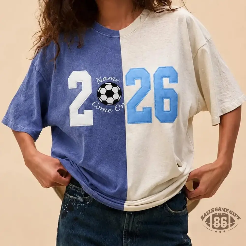 Custom Fabric Applique 2026 Soccer Embroidered Two Tone Vintage Washed T-Shirt for Cheer & Game Day ⚽✨