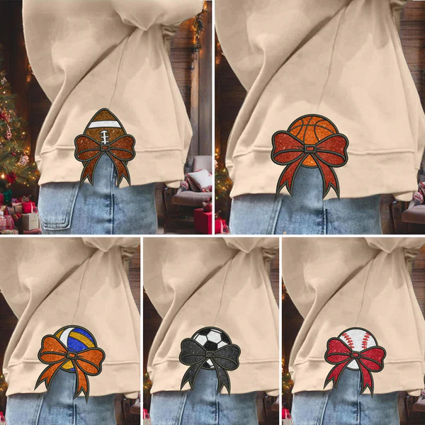 Football Bow Sport Mom Glitter Embroidery T-Shirt , Sweatshirt