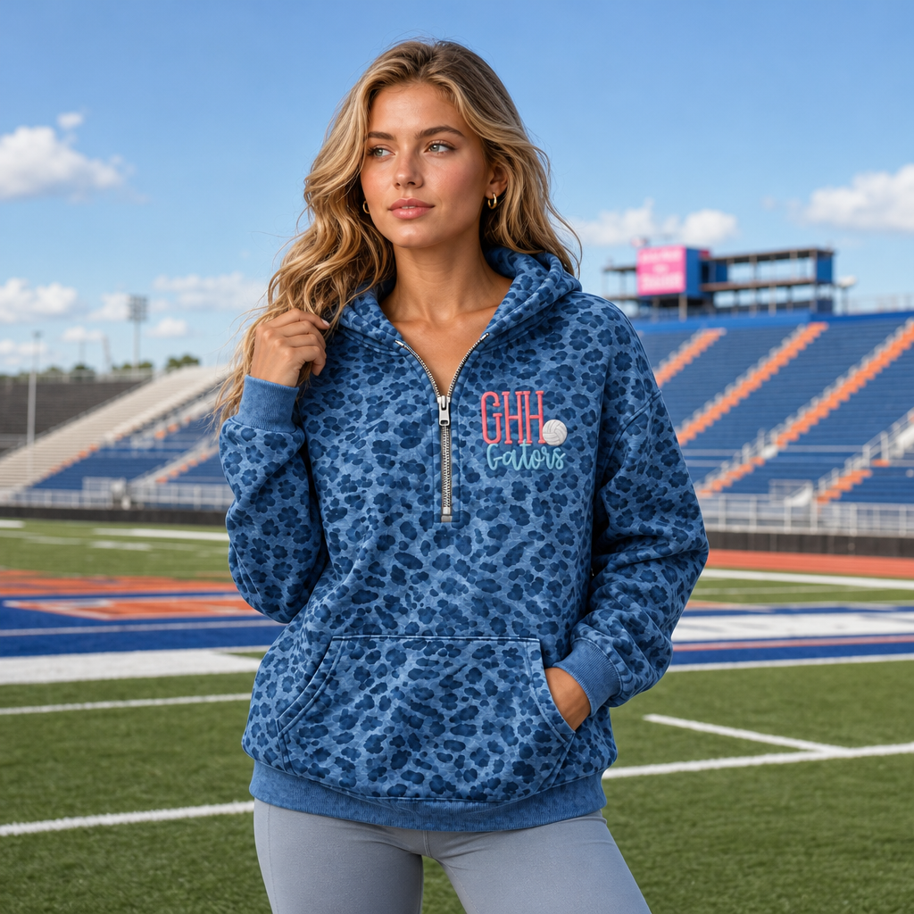 Custom Leopard Print Quarter Zip Hoodie, Personalized Game Day Team Pullover, Oversized Tailgate Outfit