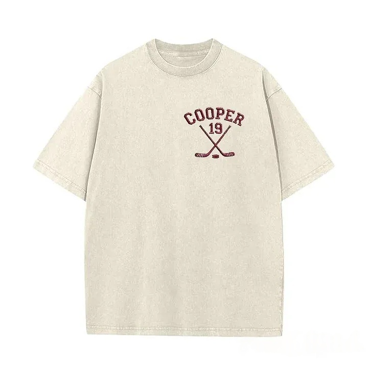 Personalized Custom Embroidered Hockey Washed T-Shirt with Side Crossed Hockey Sticks